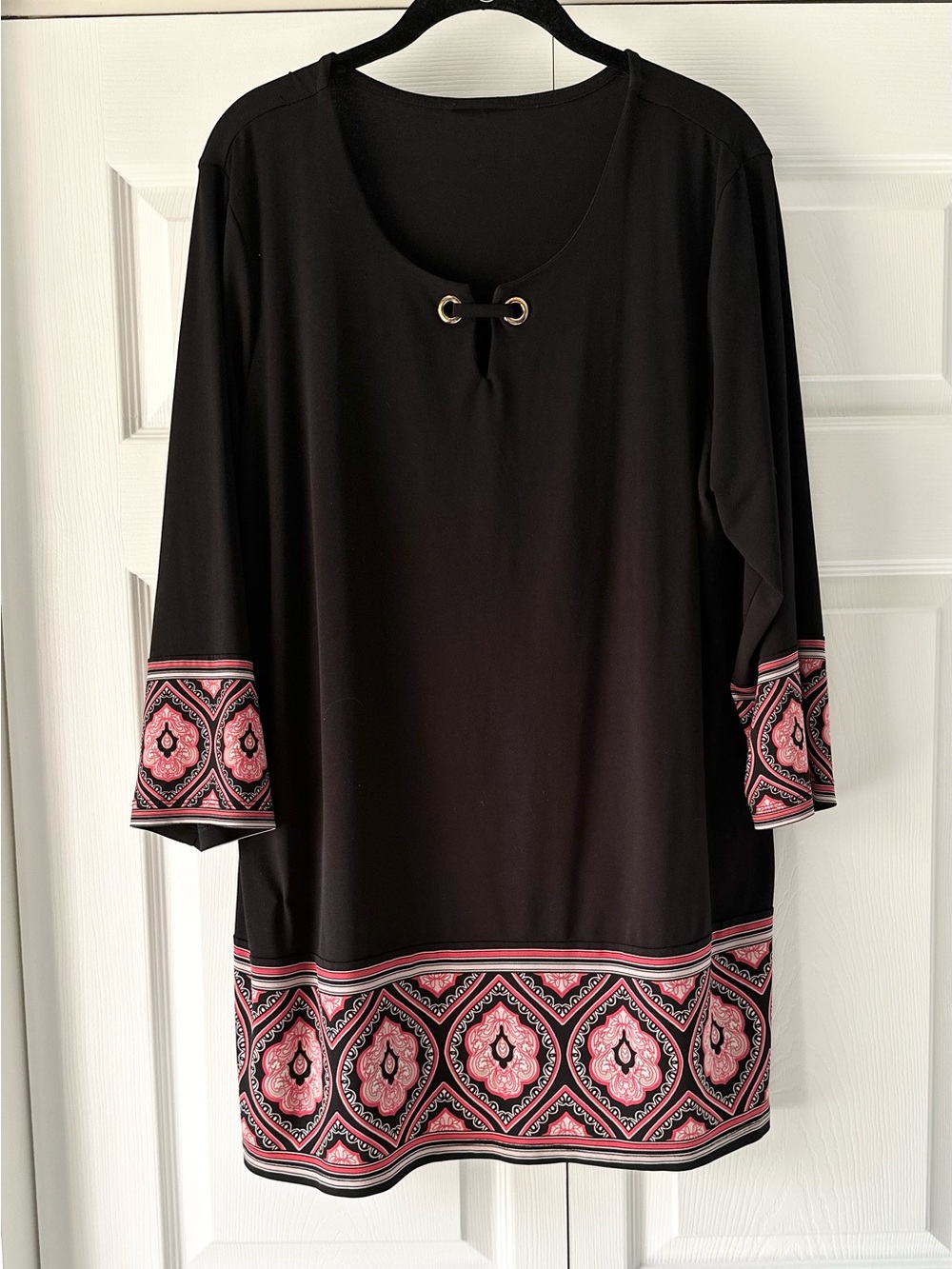 Black Long Tunic with Pink Geometric Border 1X
